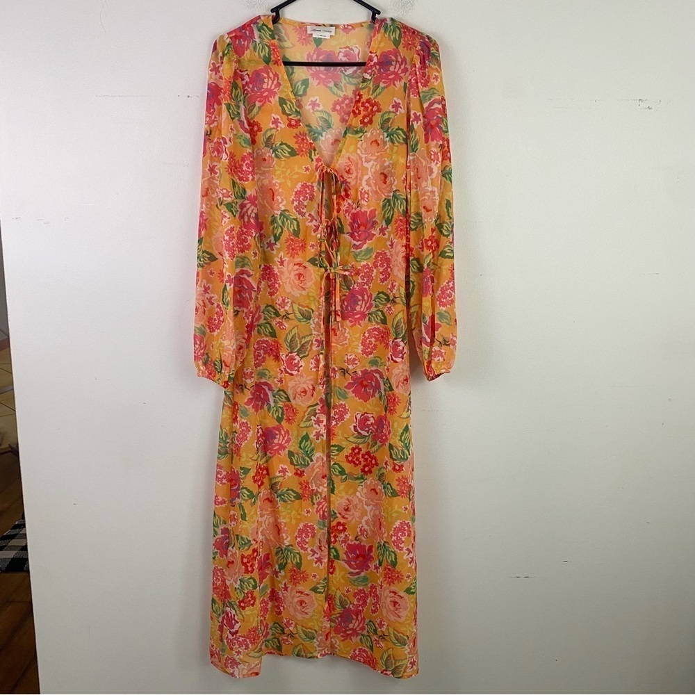 LOVERS + FRIENDS orange floral front tie maxi kimono coverup